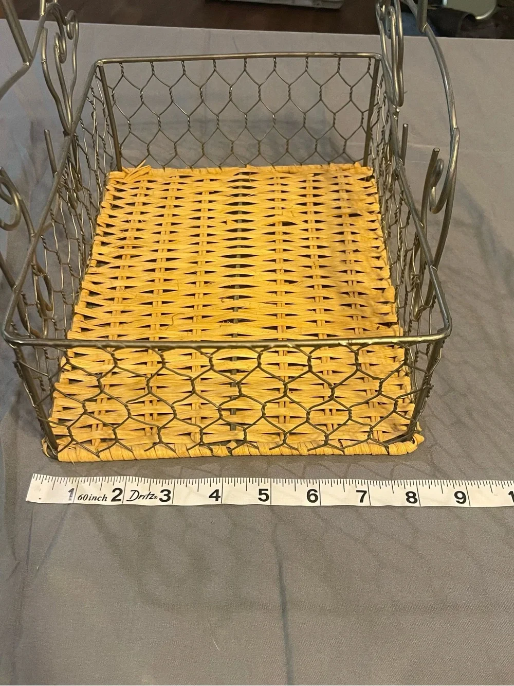 Two-Tone Wire Basket with Woven Natural Base - Gold Metal, Natural